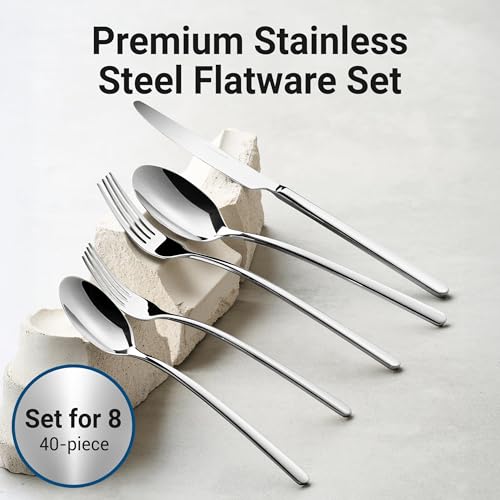 40-Piece Flatware Set for 8 - Stainless Steel Silverware, Durable & Rust-Resistant