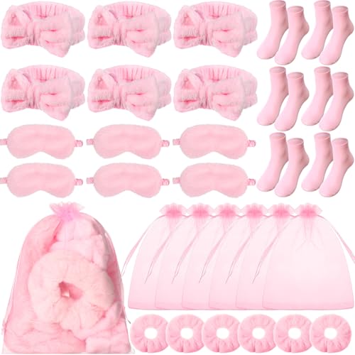 Pink Spa Party Favors Set - Sleepover Gifts Includes Headbands Masks Socks & Organza Bags