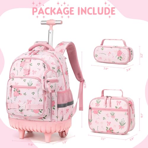 Girls Luminous Rolling Backpack with Lunch Box & Pencil Case - Flower Variation