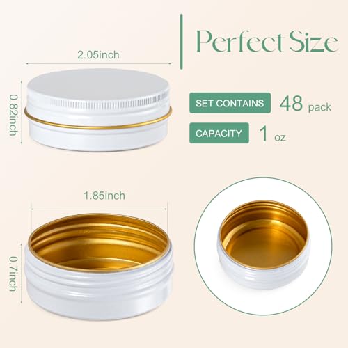 White and Gold 1 oz Metal Lip Balm Tins Set - Leak-Resistant Aluminum Containers, 48 Pack