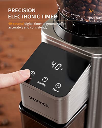 SHARDOR Conical Burr Coffee Grinder, Anti-Static, 48 Settings – Silver