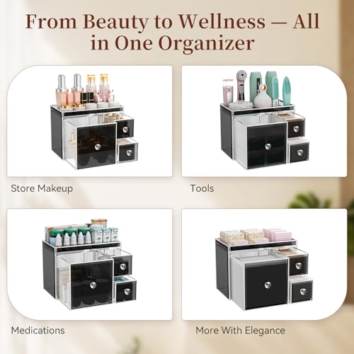 Multifunctional Face Towel Holder with 3 Drawers ? Tempered Glass Cotton Pad & Swab Organizer ? Disposable Face Towel Holder for Bathroom Vanity