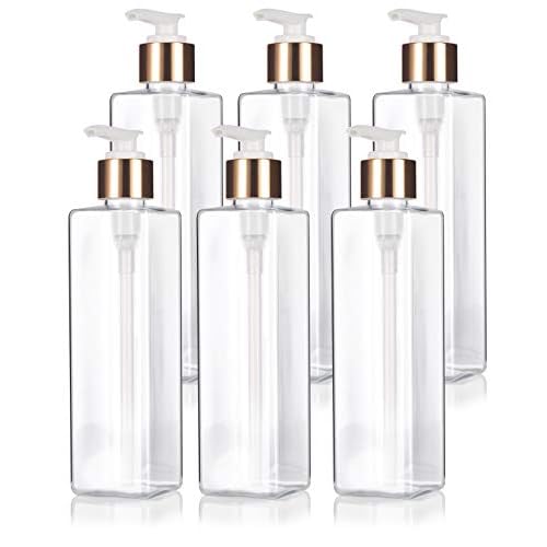 8 oz / 250 ml Clear Plastic PET Square Bottle (BPA Free) with Gold Lotion Pump (6 Pack)