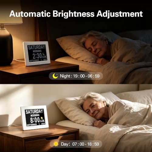 White 12-Inch Digital Calendar Day Clock for Seniors with Auto-Dimming & 12 Alarms
