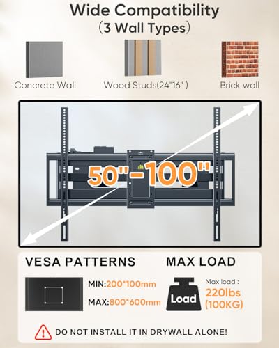 Heavy Duty 98 Inch TV Wall Mount with Power Strip for 50-100 Inch TVs - Full Motion, Swivel, Tilt, Extend, Supports Up to 220 lbs, VESA 800x600mm, Fits Wood Studs