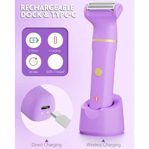 Bikini Trimmer for Women, Tiovara Painless Electric Razors Shaver IPX7 Waterproof Cordless Body Hair Trimmer Pubic Hair Removal with USB Charge Dock for Underarm Leg Arm Body Face Silk Skin (Purple)
