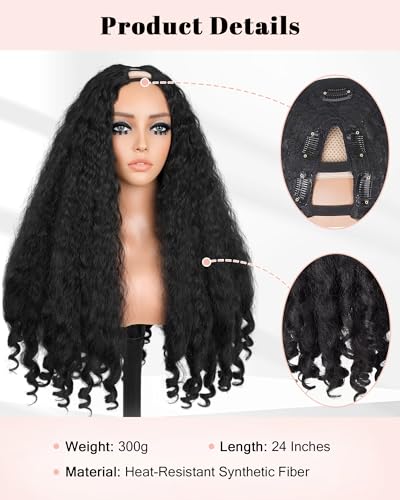 Cemuto 24 Inch Afro Curly Wig V-Part Natural Black with Bouncy Ends - No Glue Needed