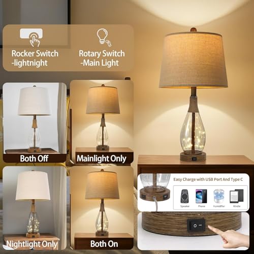 OYEARS Farmhouse Glass Bedside Lamps Set of 2 with Wood-Like Finish & Rattan Accents