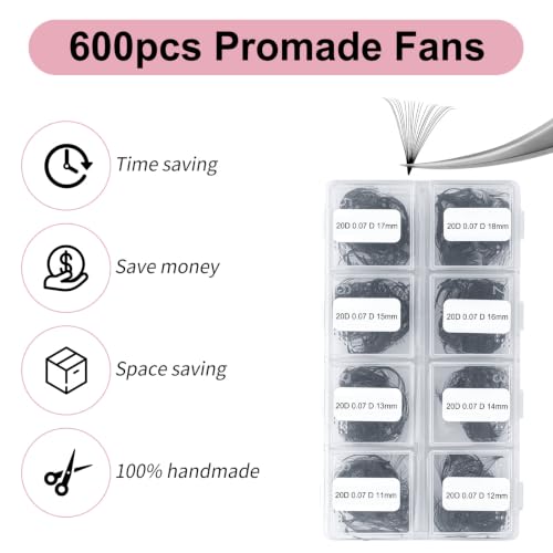 Premade Eyelash Extensions Fans 600pcs 20D D Curl 11-18mm Variation of LASH-600pcs-20D-D-11-18Mix