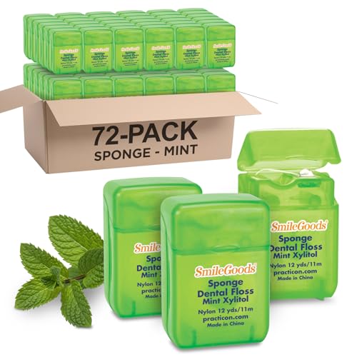 SmileGoods Sponge Dental Floss - Mint Xylitol, 12 Yards, Bulk Pack of 72 - Kids & Adults