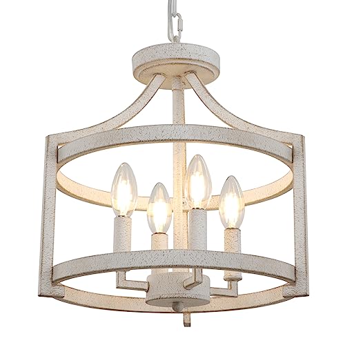 4-Light Farmhouse Chandelier - Distressed White Ceiling Light Fixture with Adjustable Height