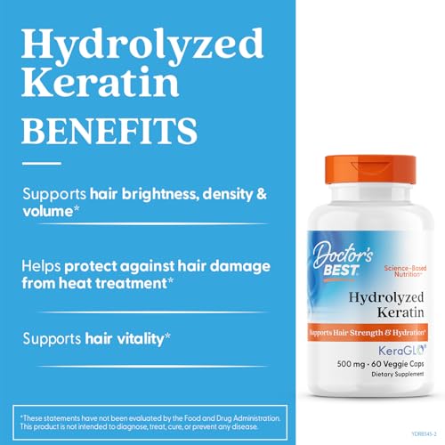 Doctors Best Hydrolyzed Keratin, Supports Hair Strength & Hydration, Non-GMO, Gluten Free, Soy Free 60 Veggie Caps