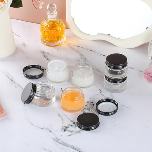 24 Pack 1oz Clear Glass Cosmetic Jars with Black Metal Lids & Inner Liners - Travel Lotion Containers
