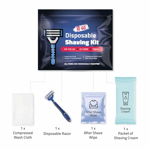 On-the-Go Shaving Kit ? Disposable Razor, Shaving Cream, Washcloth & Aftershave Wipe ? Travel Friendly, Grooming Essentials for Hygiene when on the Go - Black (10)