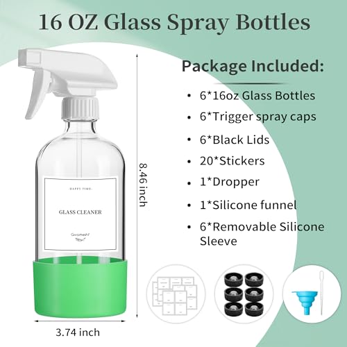 16oz Glass Spray Bottles Set with Adjustable Nozzle for Cleaning, Hair, Essential Oils, Pets