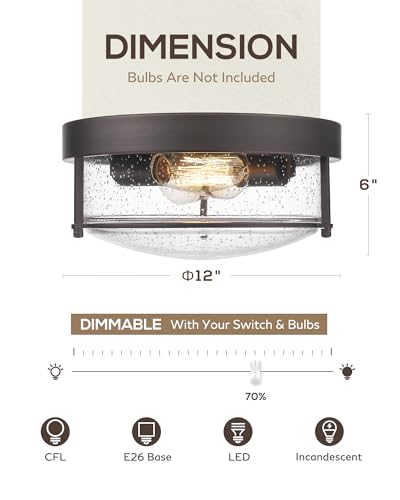 Farmhouse Flush Mount Ceiling Light Oil-Rubbed Bronze Seeded Glass - Indoor & Outdoor