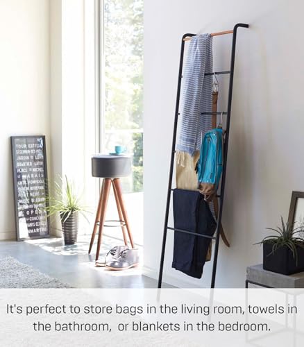 Black Steel Leaning Ladder Rack - Space Saving Wall Storage for Towels & Blankets