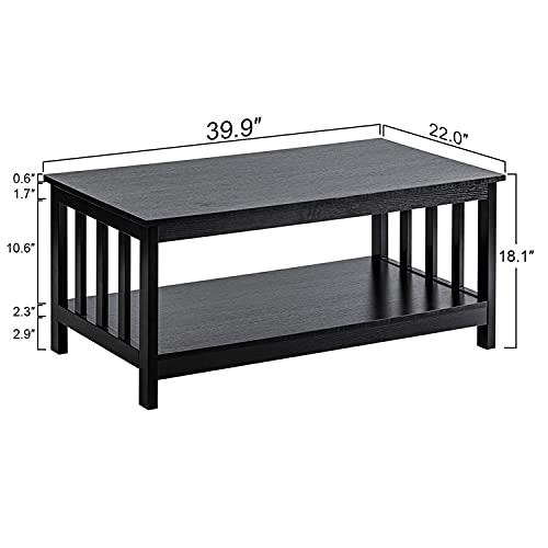 Mission Style Coffee Table with Shelf - Black Wood Living Room Table 22"D x 39.9"W x 18.1"H