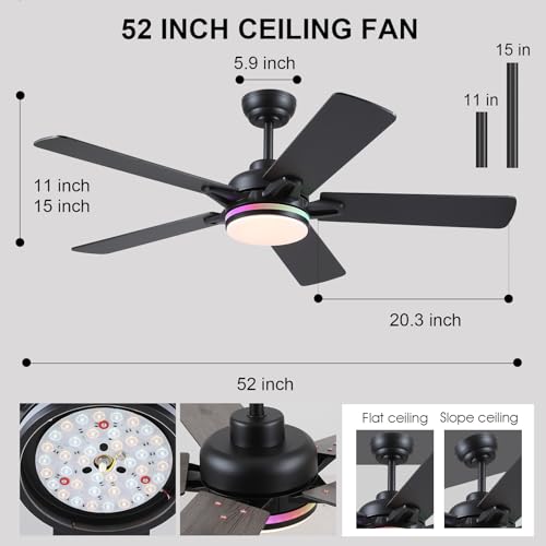 52 Inch Ceiling Fan with RGB Lights - Modern Black Indoor Outdoor Fan with Remote & App Control