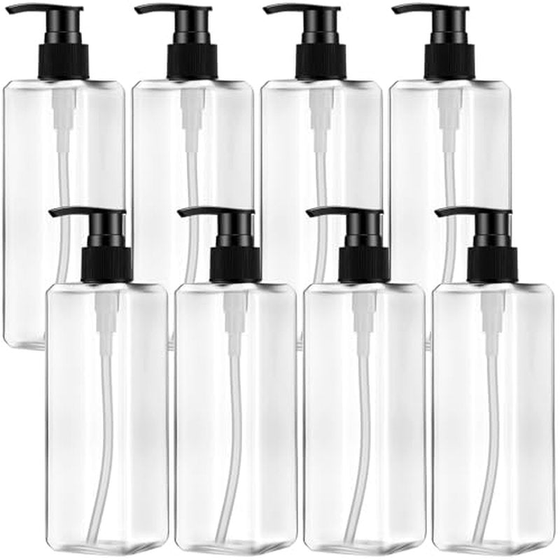 8 Pcs Empty Shampoo Bottles with Pump 16 Oz Plastic Soap Dispenser Refillable Body Wash Bottles for Bathroom, Kitchen Sink, Hotel, Salon(Transparent, Black)
