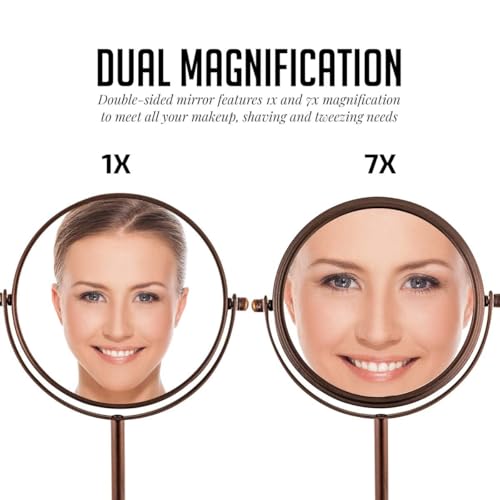 OVENTE 6'' Tabletop Makeup Mirror with 1X/7X Magnification, 360¡Æ Swivel Design, Double-Sided Free-Standing Vanity Mirror Perfect for Dresser, Bedroom and Office Desk, Antique Bronze MNLT60ABZ1X7X