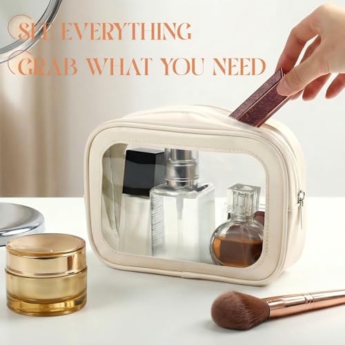 Abbylike 10 Pcs Clear Makeup Bags Bulk TSA Approved Clear Toiletry Bags with Zipper PU Leather Transparent Waterproof Travel Makeup Toiletry Organizer for Women Girls Wedding Bridal Gifts(Beige)