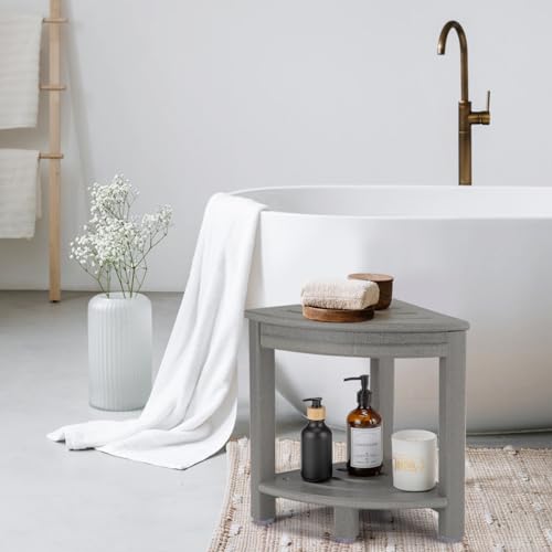 Apolimi Grey HDPE Corner Shower Stool with Storage Shelf, Non-Slip Bath Seat