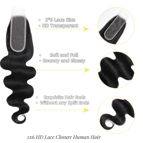 2x6 HD Lace Closure Body Wave Human Hair 12 Inch Natural Color - Brazilian Virgin, Middle Part, Baby Hair, Transparent HD Lace, Variation of THIS listing