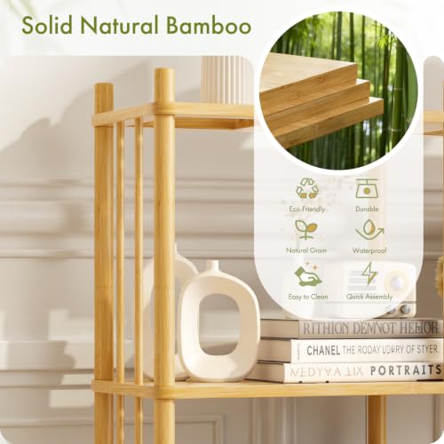 Natural 5-Tier Bamboo Book Shelf - Tall Wide Bookshelf with 10 Adjustable Shelves