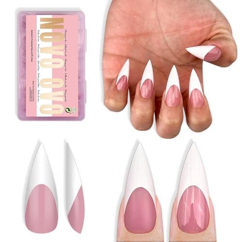 Medium/Long White French Tip Sharp Stiletto Nail Tips Berry Pink 160 Pcs