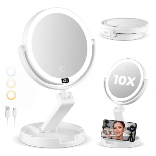 Brightown Travel Lighted Makeup Mirror 1X 10X Magnification with 3 Light Modes - White