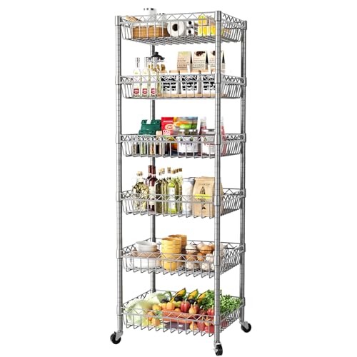 6-Tier Wire Shelf Rack - Adjustable Narrow Storage Shelves with Casters, Silver