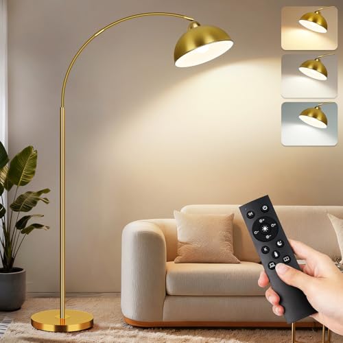 Arc Floor Lamp for Living Room & Bedroom - 72-Inch Gold Modern Tall Reading Lamp with Remote & Dimmable LED Bulb