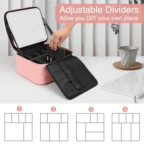 Relavel Pink Travel Makeup Bag with LED Mirror, Waterproof Organizer & Removable Dividers - Small