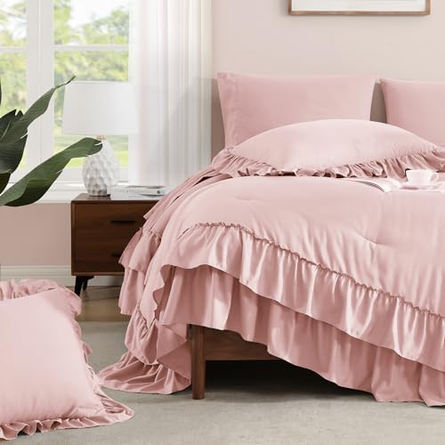 Full Size Pink Ruffle Comforter Set - Farmhouse Bed in a Bag, 7 Pieces, Soft & Cozy - Variation: Soft Pink / Full