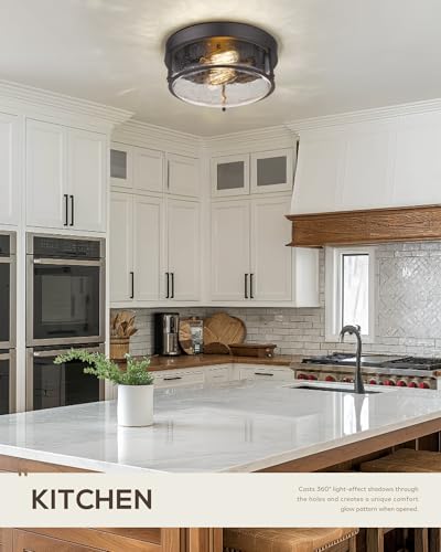 Farmhouse Flush Mount Ceiling Light Oil-Rubbed Bronze Seeded Glass - Indoor & Outdoor