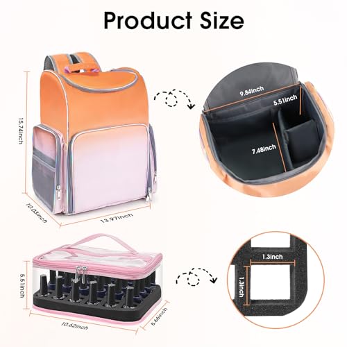 Nail Polish Organizer Bag Large Nail Polish Storage Organizer Case Backpack Holds 60 Bottles and Nail Lamp with 2 Removable Case Professional Nail Supplies Organizer for Manicurist