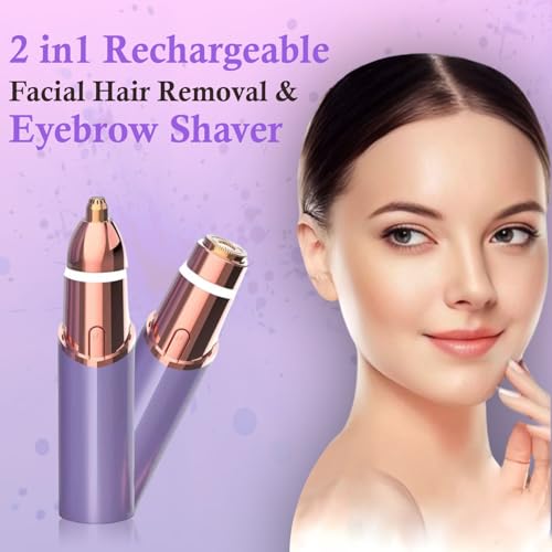 Eyebrow & Facial Trimmer: 2 in1 Rechargeable Facial Hair Removal & Eyebrow Shaver - Body Razor with Built-in LED Light (Purple)