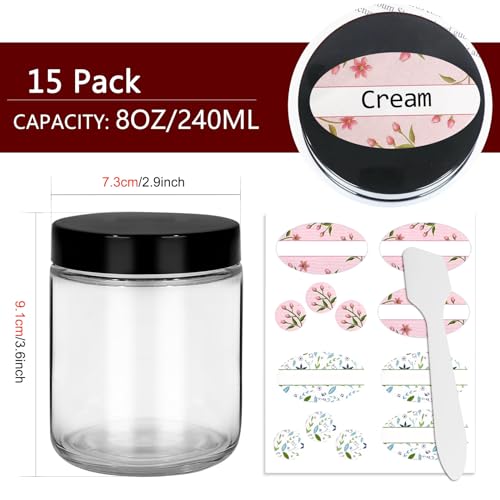 Cehomi 8 oz Clear Glass Jars with Black Plastic Lids - 15 Pack, Multiuse Storage