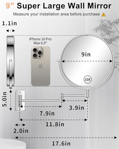Wall-Mounted Makeup Mirror 9 Inch with 1X/10X Magnification - Silver, 13.5"L x 17.6"W