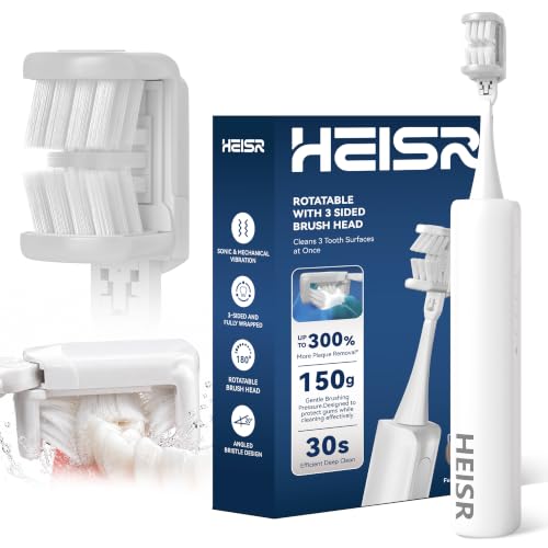 Heisr White Electric Toothbrush for Adults & Teenagers, 3-Sided Head, 60+ Day Battery