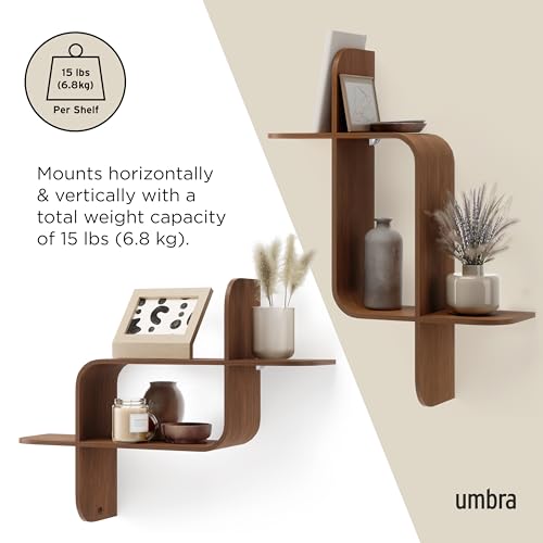 Floating Wall Shelf - Natural Walnut Finish, Modern Geometric Design, Mounts Horizontally or Vertically, 15lb Capacity - Light Walnut Variation