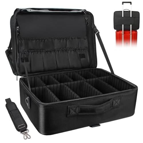 Relavel Extra Large Makeup Case, Makeup Artist Set Bag Professional Cosmetic Organizer Bag Storage Box with Makeup Brush Holder, Adjustable Dividers and Shoulder Strap, Black