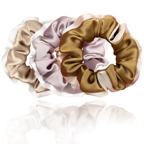 Silmer 100% Mulberry Silk Scrunchies 3 Pack - Pale Mauve, Apricot, Champagne Gold (Silk Hair Ties)