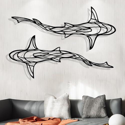 Large 3D Metal Shark Wall Decor Set - Ocean Fish Wall Art, Black, 2 Pieces