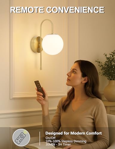 Battery Operated Gooseneck Wall Sconces - Brushed Gold Globe Glass Set of 2 - Gooseneck Variation