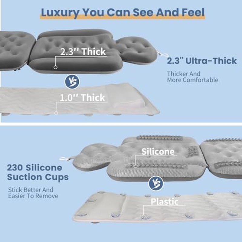 Bath Cushion, Full Body Bathtub Pillow with 160 Suction Cups, Bath Mat for Head and Neck Support, with Laundry Bag (Dark Gray, 60" x 16")
