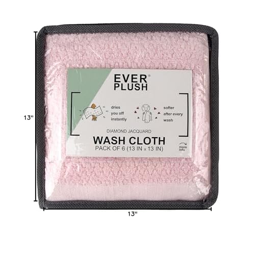 Everplush Diamond Jacquard Washcloth 6 Piece in Light Pink, 6 x Washcloth (13 x 13 in), (Model: B075JT7K86)