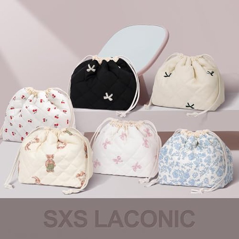 Drawstring Quilted Makeup Bag, Cosmetic Pouch, Coquette Cute Organizer, Small Make up Bag for Purse, Women's Portable Travel Cosmetic Bag
