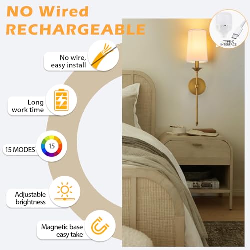 PASSICA DECOR Antique Brass Battery Operated Wireless Wall Sconce Set of 2 with Remote, Dimmable RGB & Timer